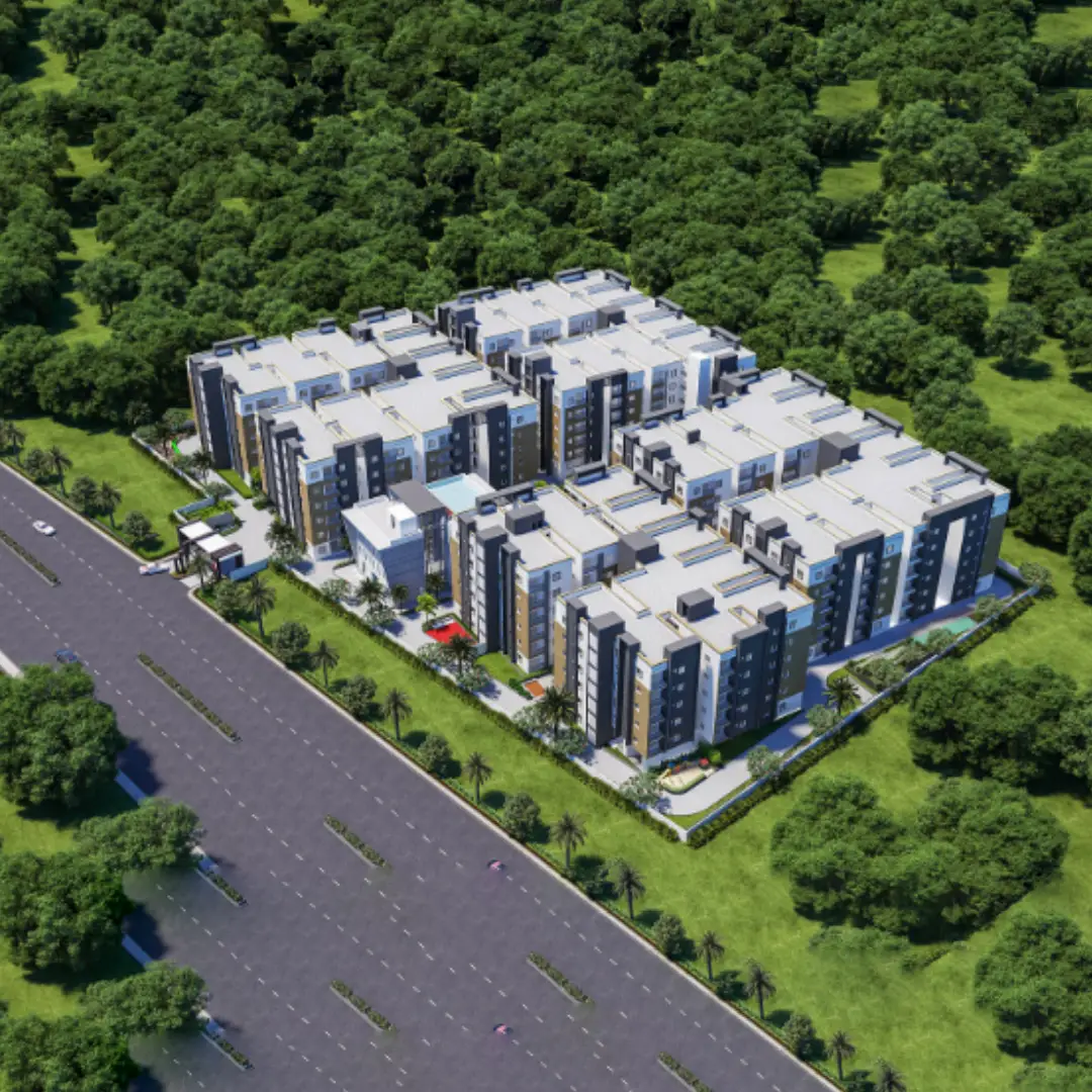 Aerial view of Praneeth Flora residential project in Bahadurpally, showcased by VisualHash digital marketing campaign