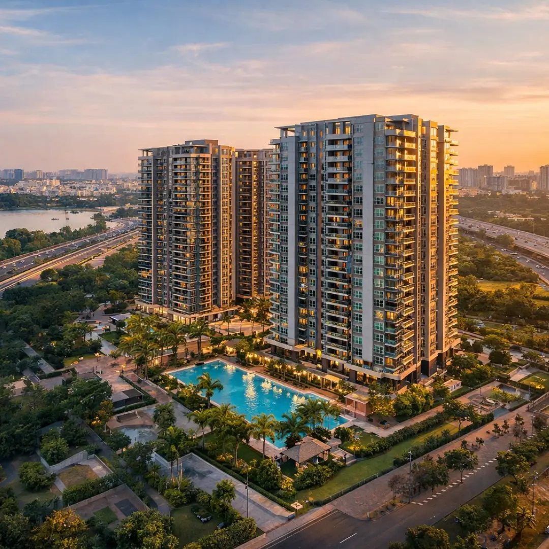 Drone aerial view of a gated residential project in Hyderabad showing surroundings and connectivity